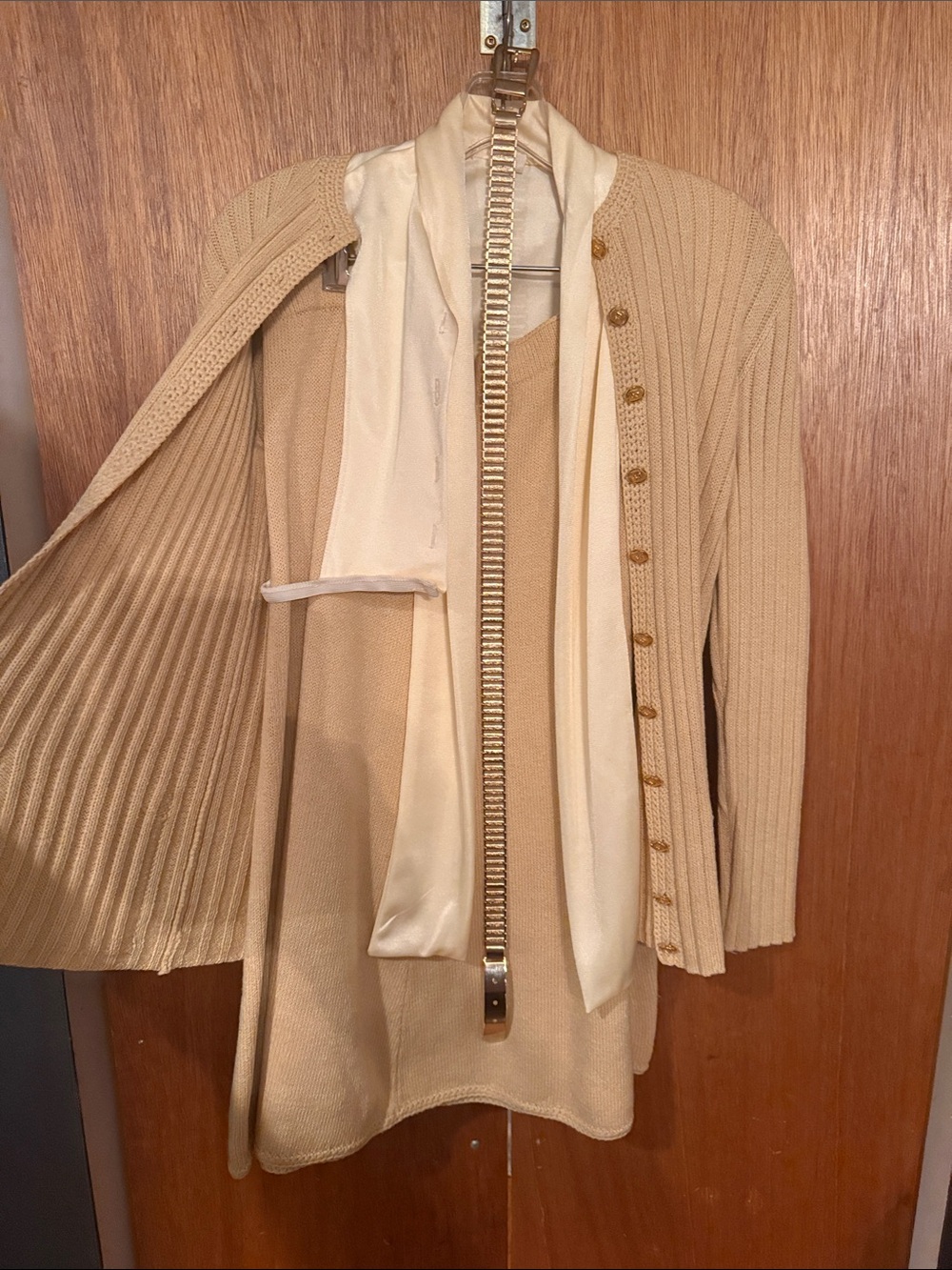 St. John Cream Knit Ribbed Button-Front Cardigan with Satin Trim and Skirt